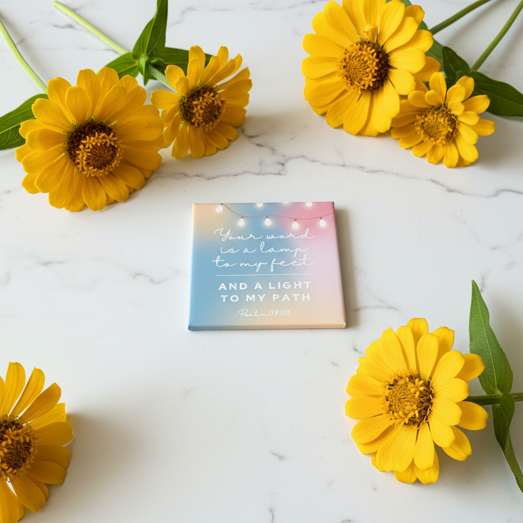 Guide Lamp magnet on marble with yellow zinnias