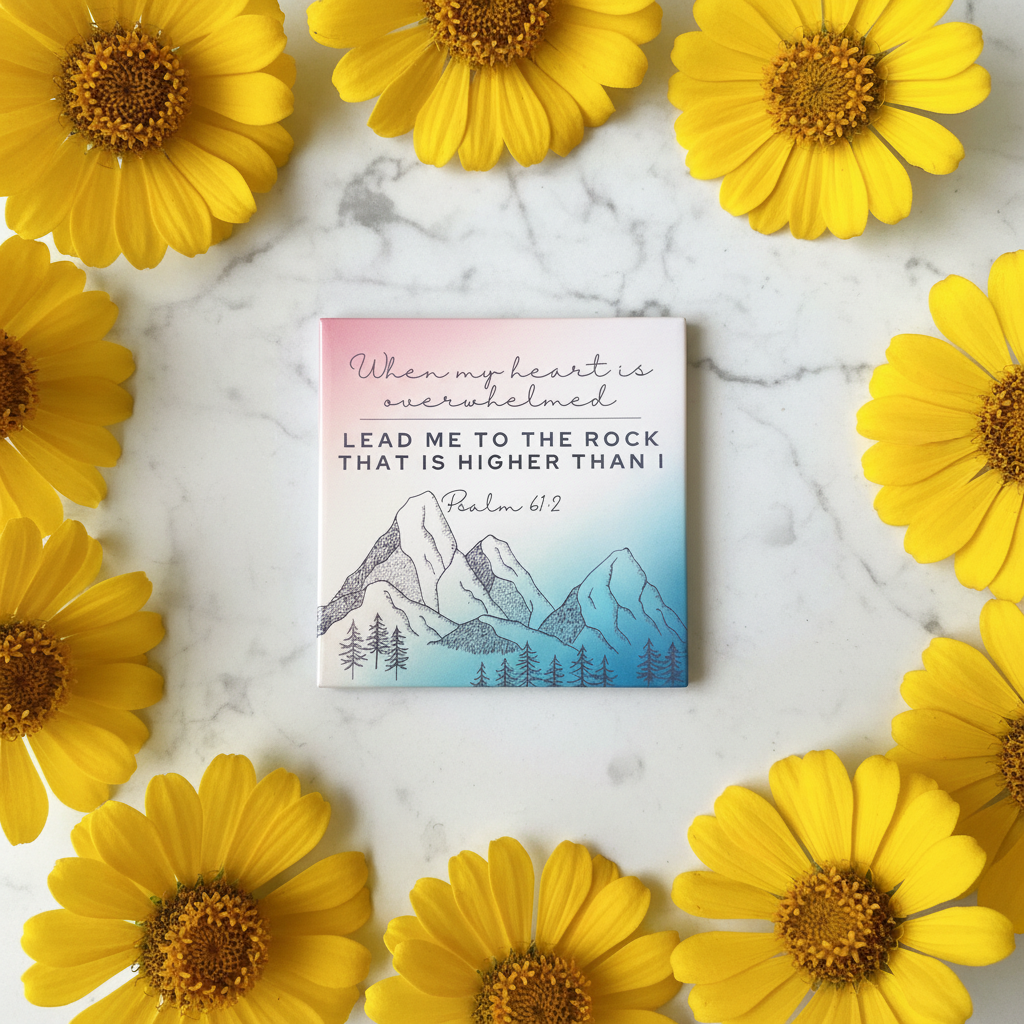 Guide Rock magnet on marble with yellow zinnias