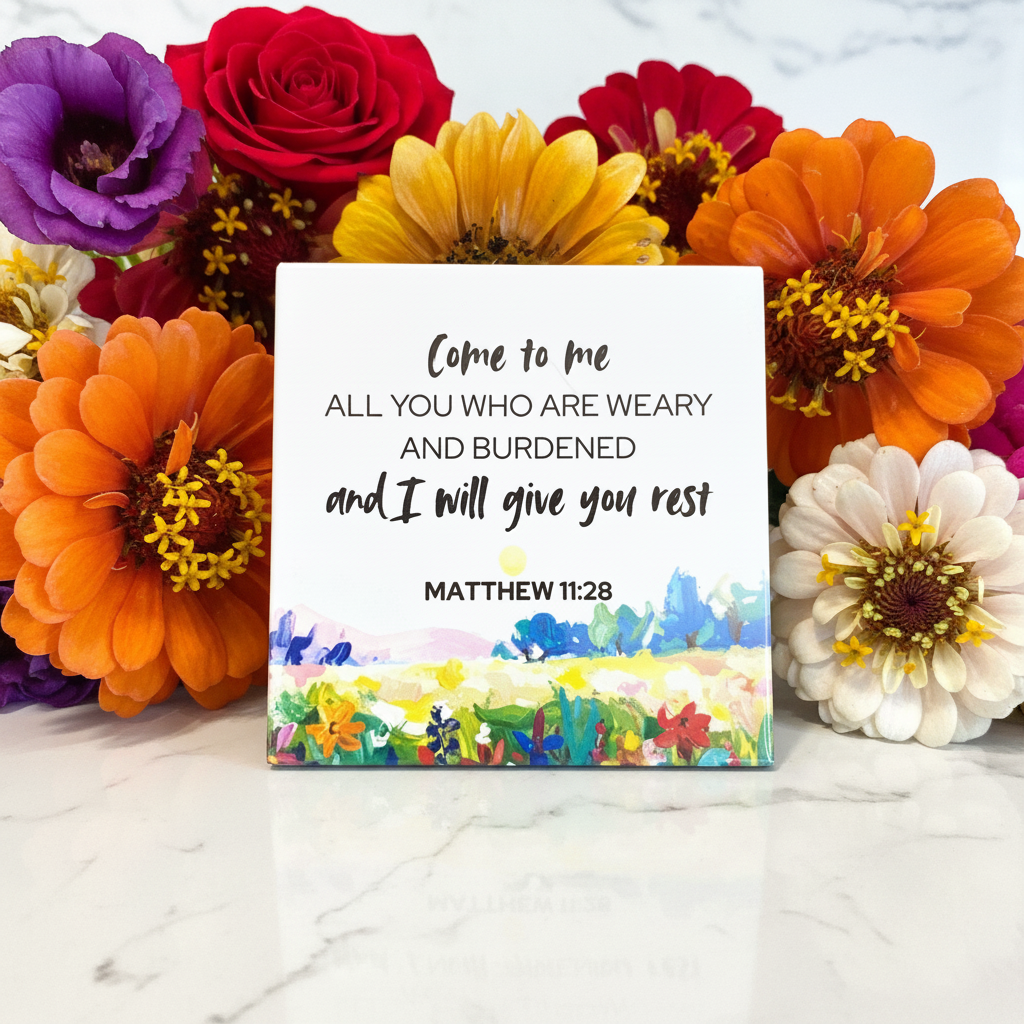 Rest magnet Matthew 11:28 bigger with side flowers