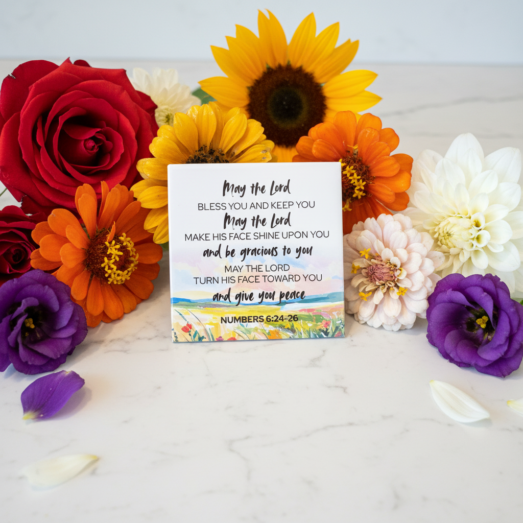 Rest magnet Numbers 6:24-26 on marble with colorful flowers